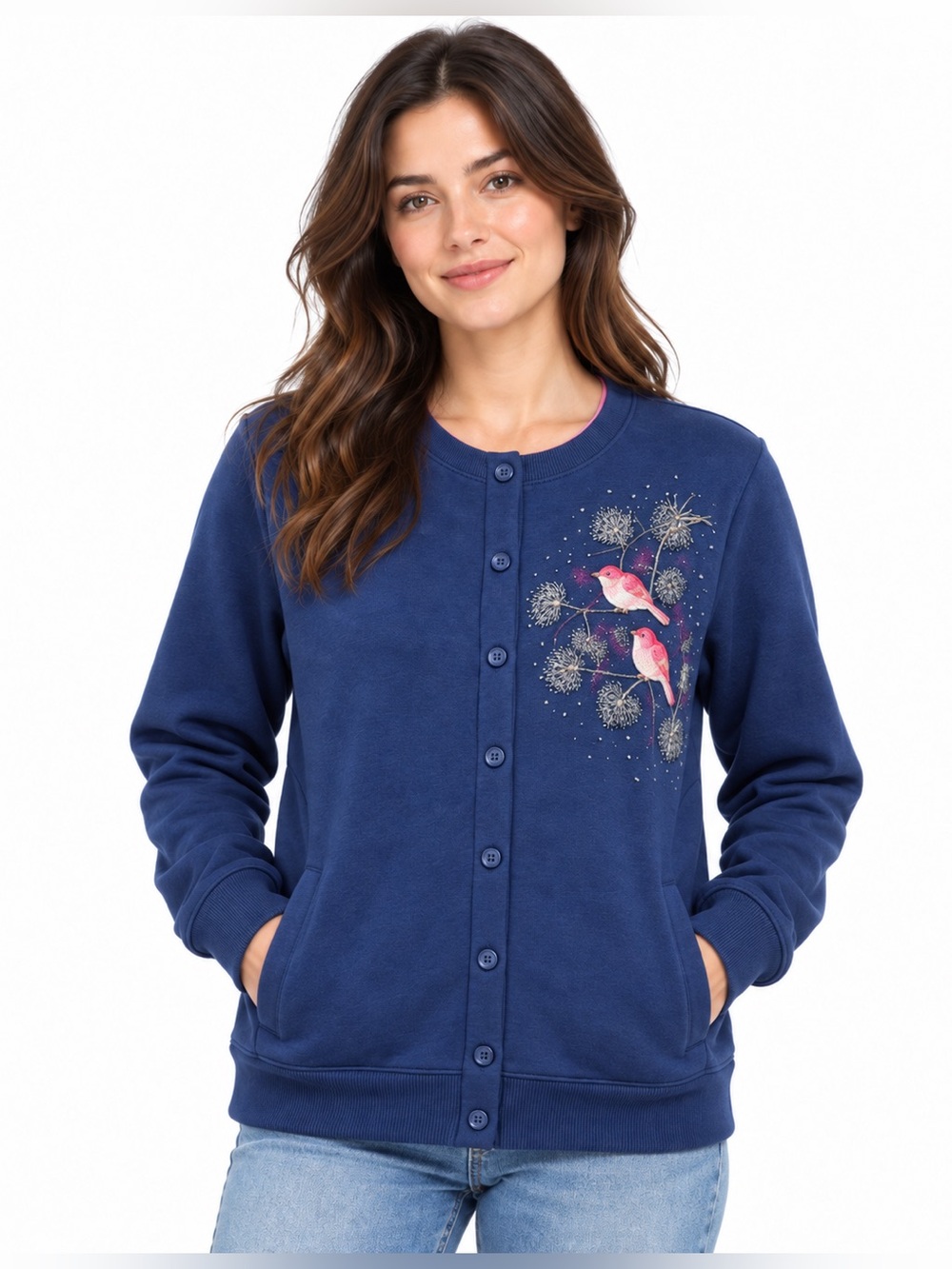 Vintage Artisans Sunshine Designs S/M Navy Embroidered Bird Cardigan Sweatshirt